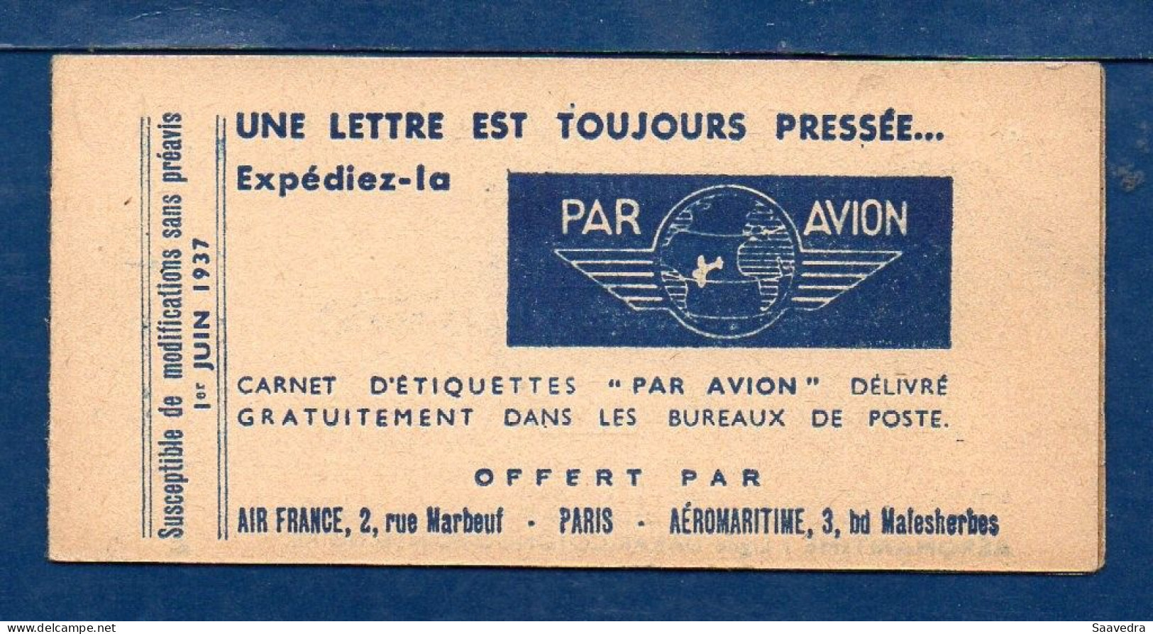 AIR FRANCE Complete Carnet, April 1936, With 10 Labels  (081) - Luchtpost