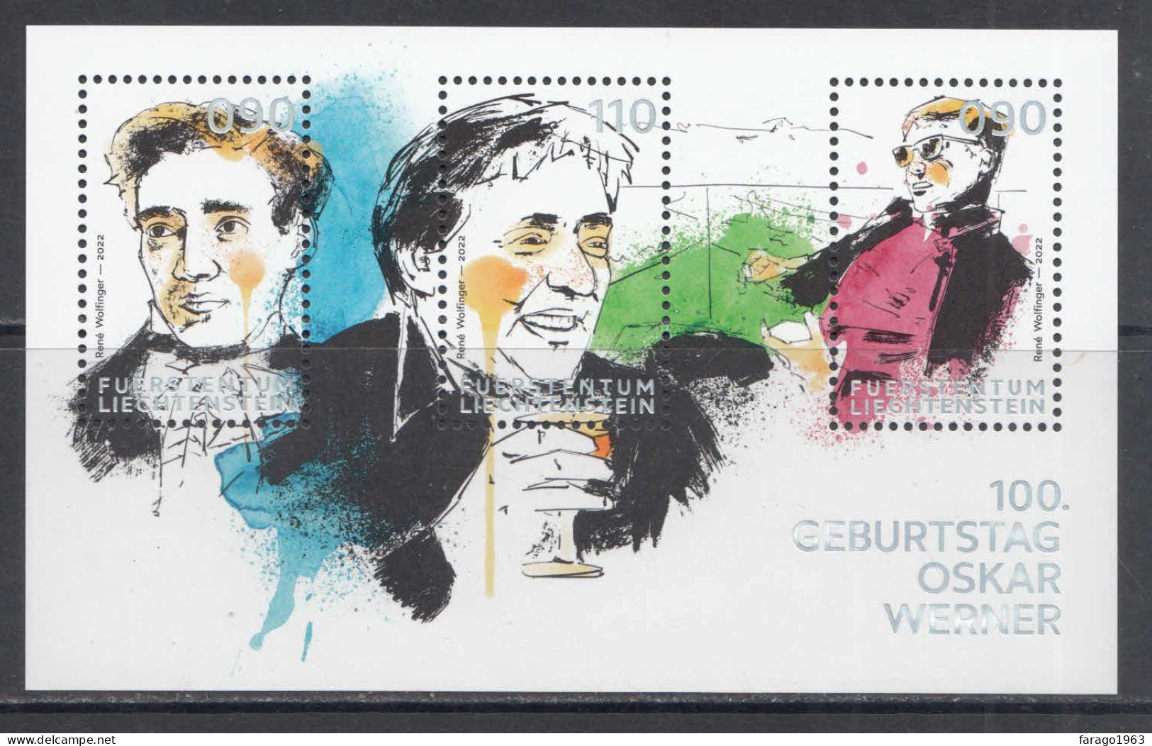 2022 Liechtenstein Oskar Werner SILVER Souvenir Sheet  MNH @ BELOW FACE VALUE - Unused Stamps