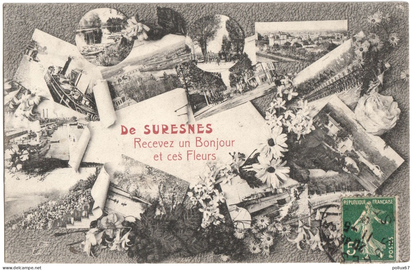 CPA DE SURESNES  (HAUTS DE SEINE)  "DE SURESNES RECEVEZ UN BONJOUR ET CES FLEURS" - Suresnes