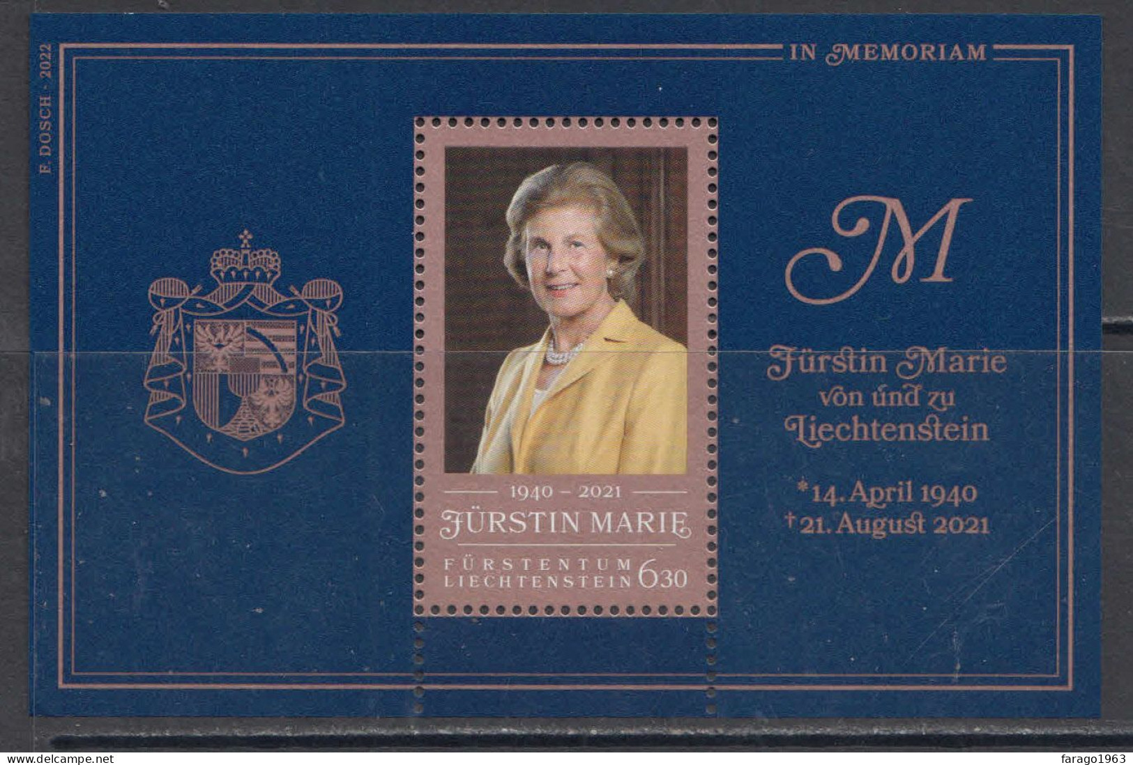 2022 Liechtenstein Furstin MARIE Royalty Memorial Souvenir Sheet  MNH @ BELOW FACE VALUE - Ungebraucht