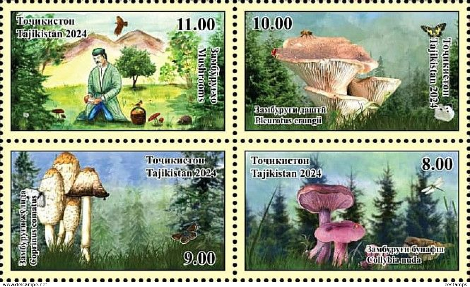 Tajikistan 2024 . Mushrooms (Birds, Butterflies, Mountains, Hedgehog). 4v. - Tajikistan