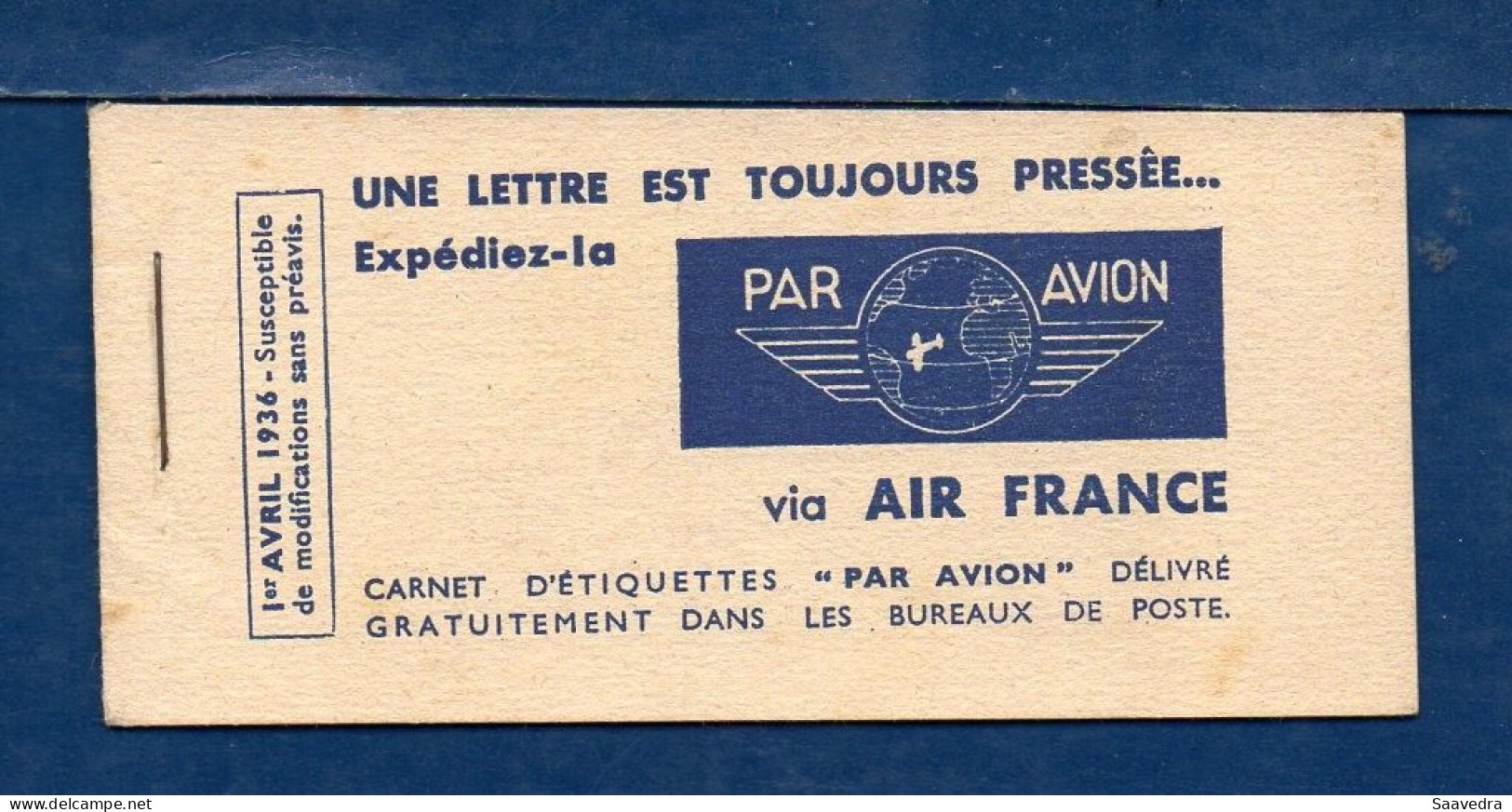 AIR FRANCE Complete Carnet, June 1937, With 10 Labels  (085) - Brieven En Documenten