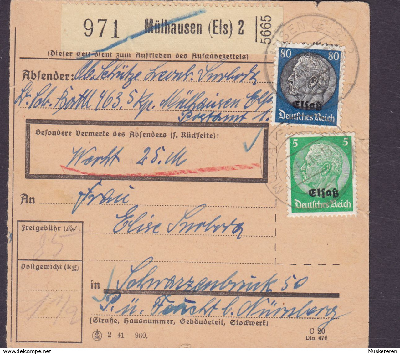 Deutsches Reich Paketkarte Bulletin D'Expedition Freight Card MÜHLHAUSEN (Elssas) 1941 NÜRNBERG 2x Hindenburg (2 Scans) - Occupation 1938-45