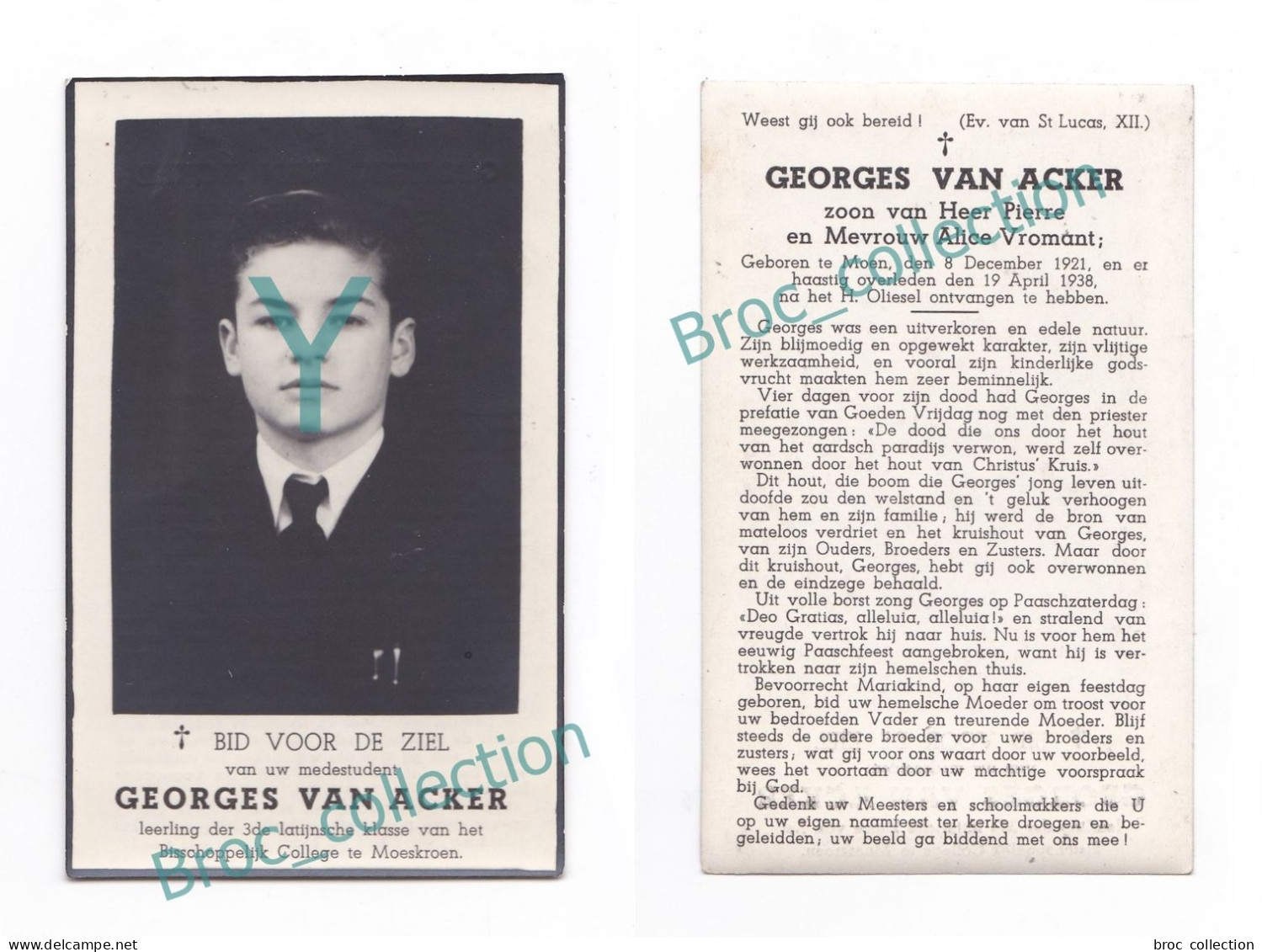 Moen, Moeskroen, Doodsprentje Van Georges Van Acker, 19/04/1938, 16 Ans, Enfant, Kind, Mémento, Décès - Devotieprenten