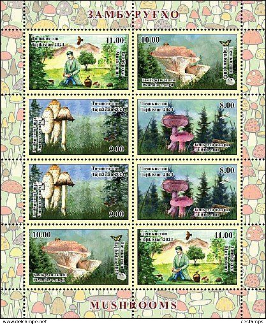Tajikistan 2024 . Mushrooms (Birds, Butterflies, Mountains, Hedgehog). Sheetlet Of 8 - Tayikistán