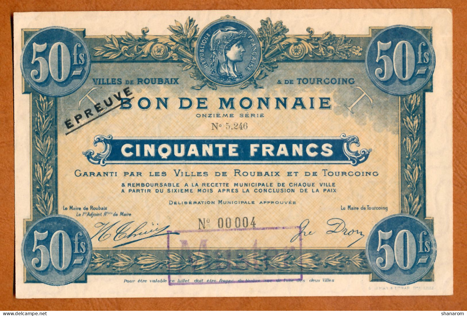 1914-18 // Ville De ROUBAIX & TOURCOING (59) // Sans Date // Bon De Monnaie De 50 Francs // EPREUVE // MUSTER - Bons & Nécessité