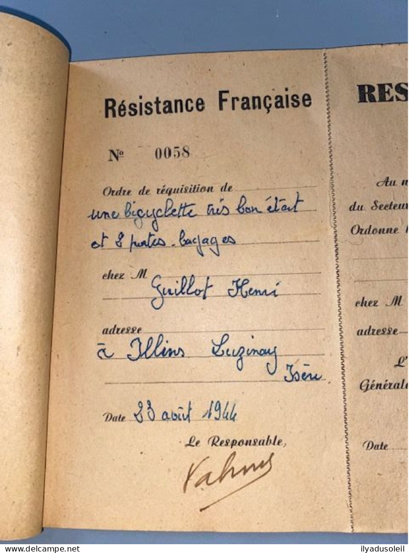 Resistance Francaise Carnet De  Requisition Avec 8 Ecrite Signee Valmy   Aout  1944 En Isere Carnet De 50 Pages - Documents Historiques