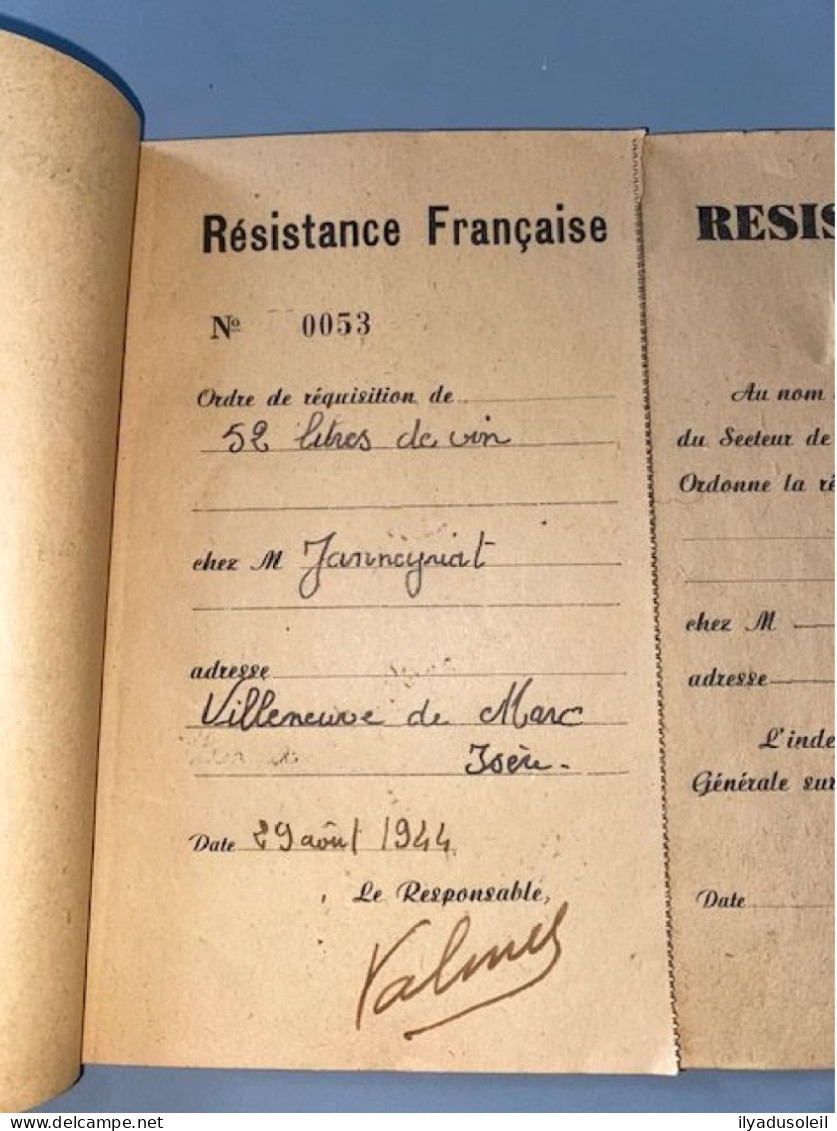 resistance francaise carnet de  requisition avec 8 ecrite signee valmy   aout  1944 en isere carnet de 50 pages