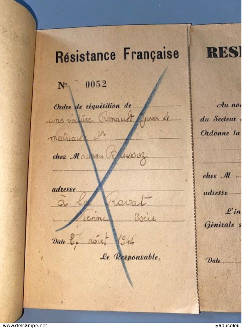 resistance francaise carnet de  requisition avec 8 ecrite signee valmy   aout  1944 en isere carnet de 50 pages