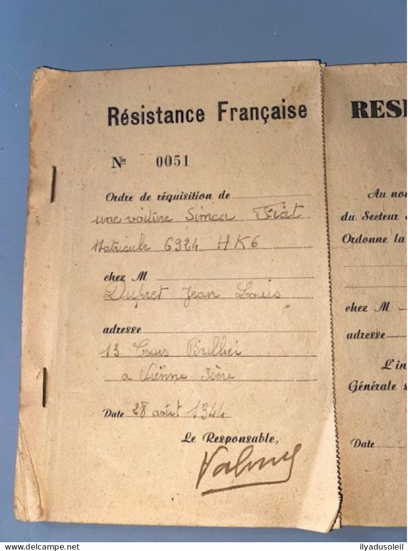 resistance francaise carnet de  requisition avec 8 ecrite signee valmy   aout  1944 en isere carnet de 50 pages