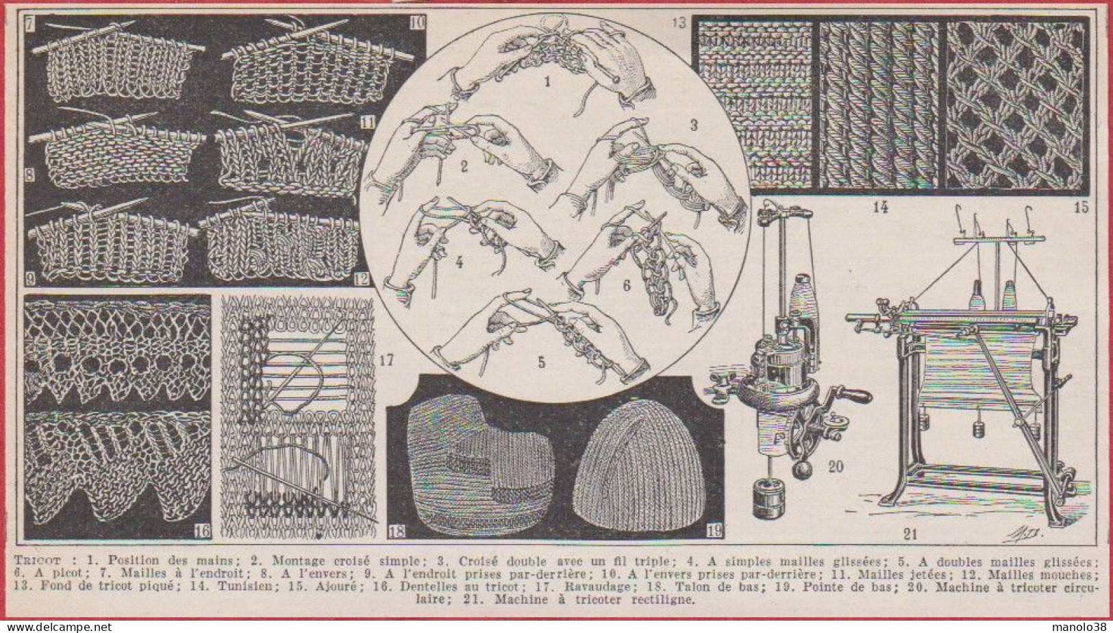 Tricot. Technique, Position Des Mains ... Machine à Tricoter. Illustration Maurice Dessertenne. Larousse 1948. - Documents Historiques