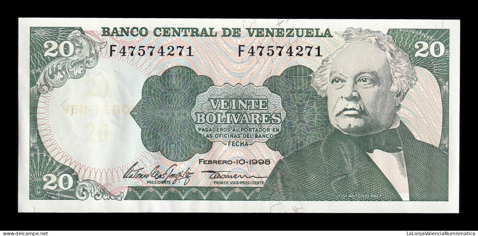 Venezuela 20 Bolívares José Antonio Paéz 1998 Pick 63f Sc Unc - Venezuela