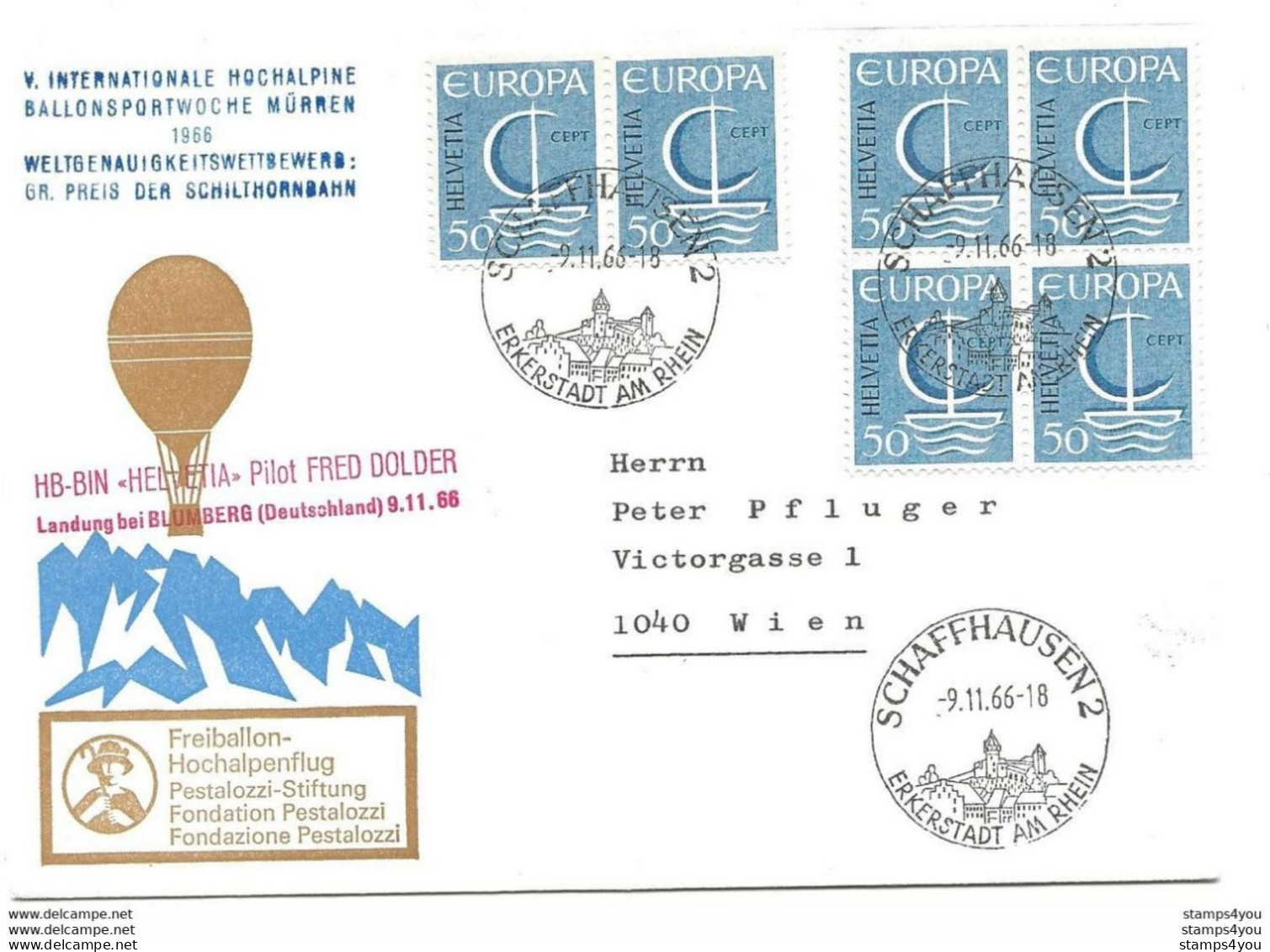 245 - 14 - Enveloppe Suisse Vol Ballon "Hochalpine Ballonsportwoche Mürren 1966" Affranchissement Timbres Europa - Europäischer Gedanke