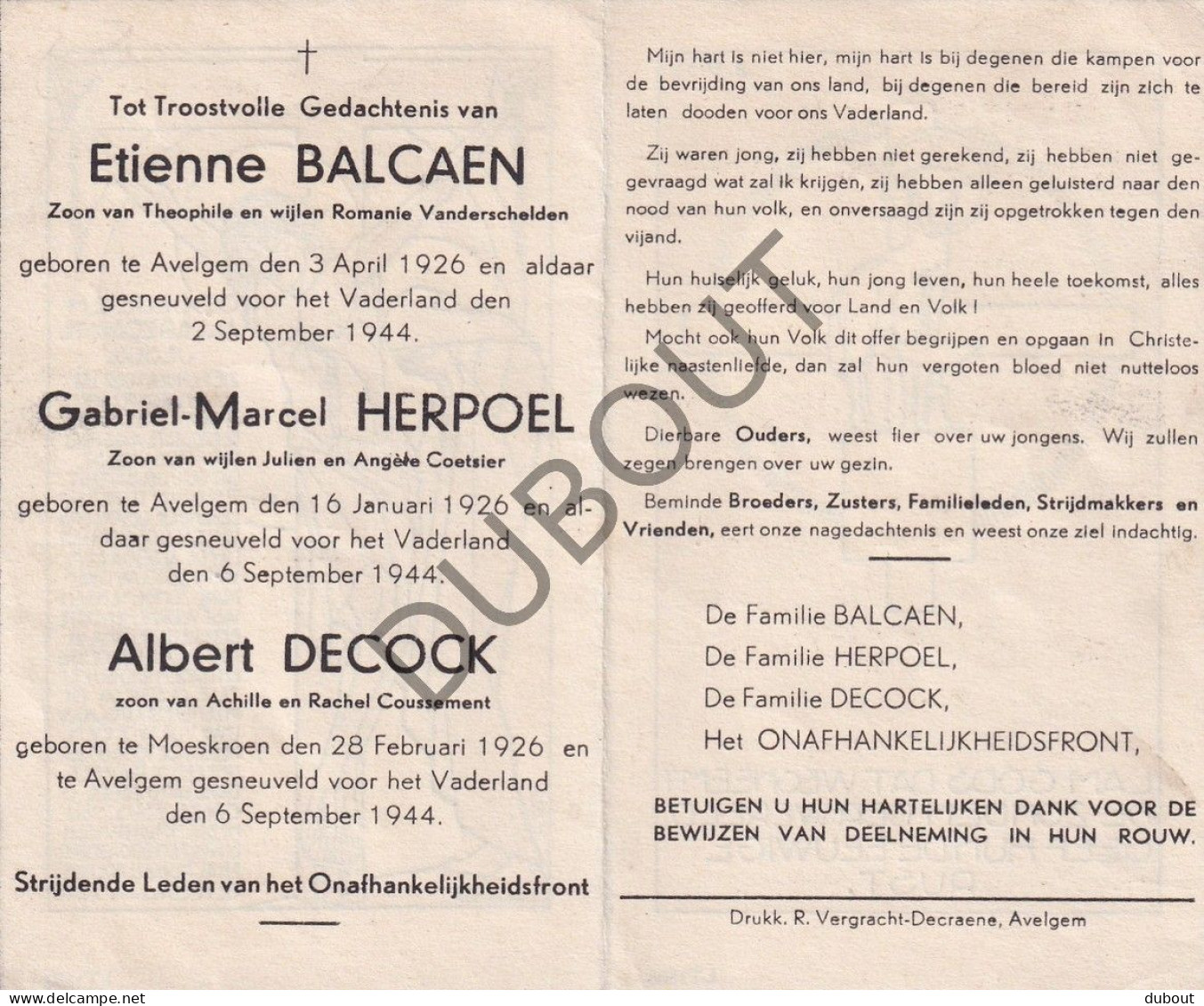 WOII - E.Balcaen, G. Herpoel, A. Decock, Gesneuveld Voor Het Vaderland Te Avelgem 1944 (F589) - Esquela