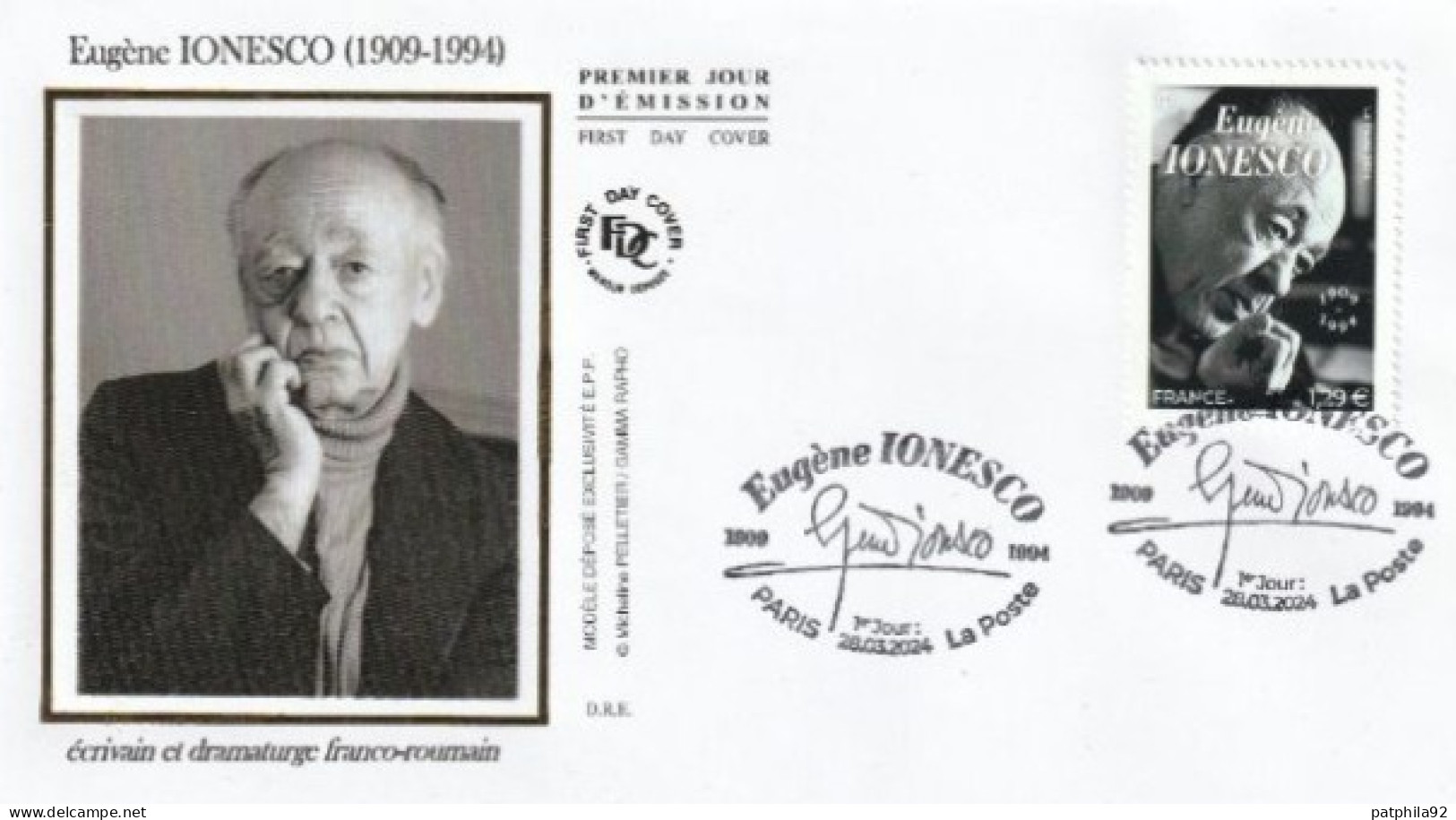 Fdc 2024_Envel. 1er Jour_fdc_soie_Eugène Ionesco, écrivain Et Dramaturge Franco-roumain. PJ Paris 28/03/24. - 2020-…