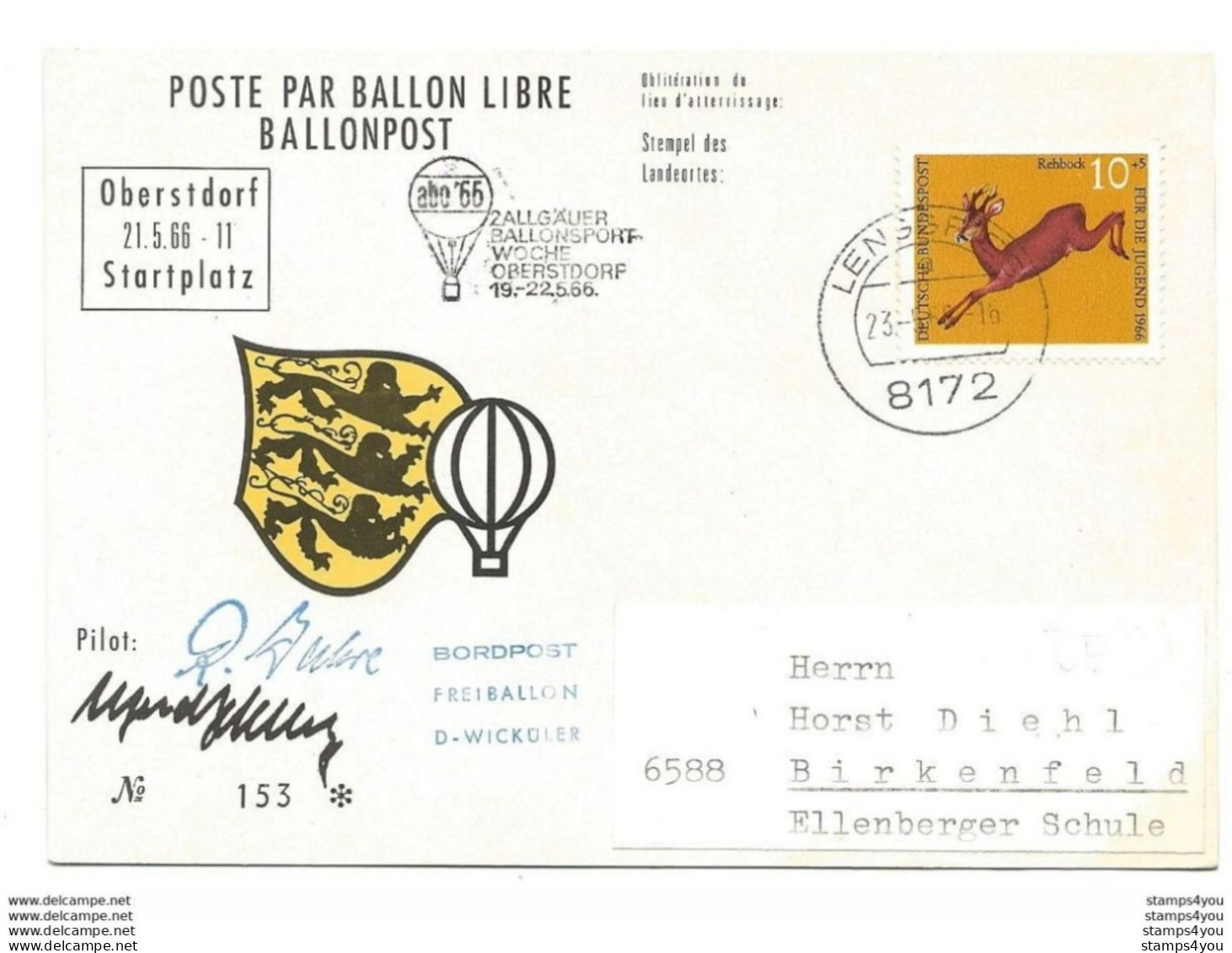 299 - 30 - Carte Allemande "Poste Par Ballon Libre Ballonpost Obersdorf 1966" - Luchtballons