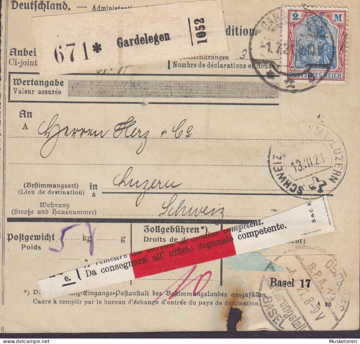 Deutsches Reich Paketkarte Bulletin D'Expedition Freight Card GARDELEGEN 1921 LUZERN Schweiz 'doganale Competente' Label - Covers & Documents