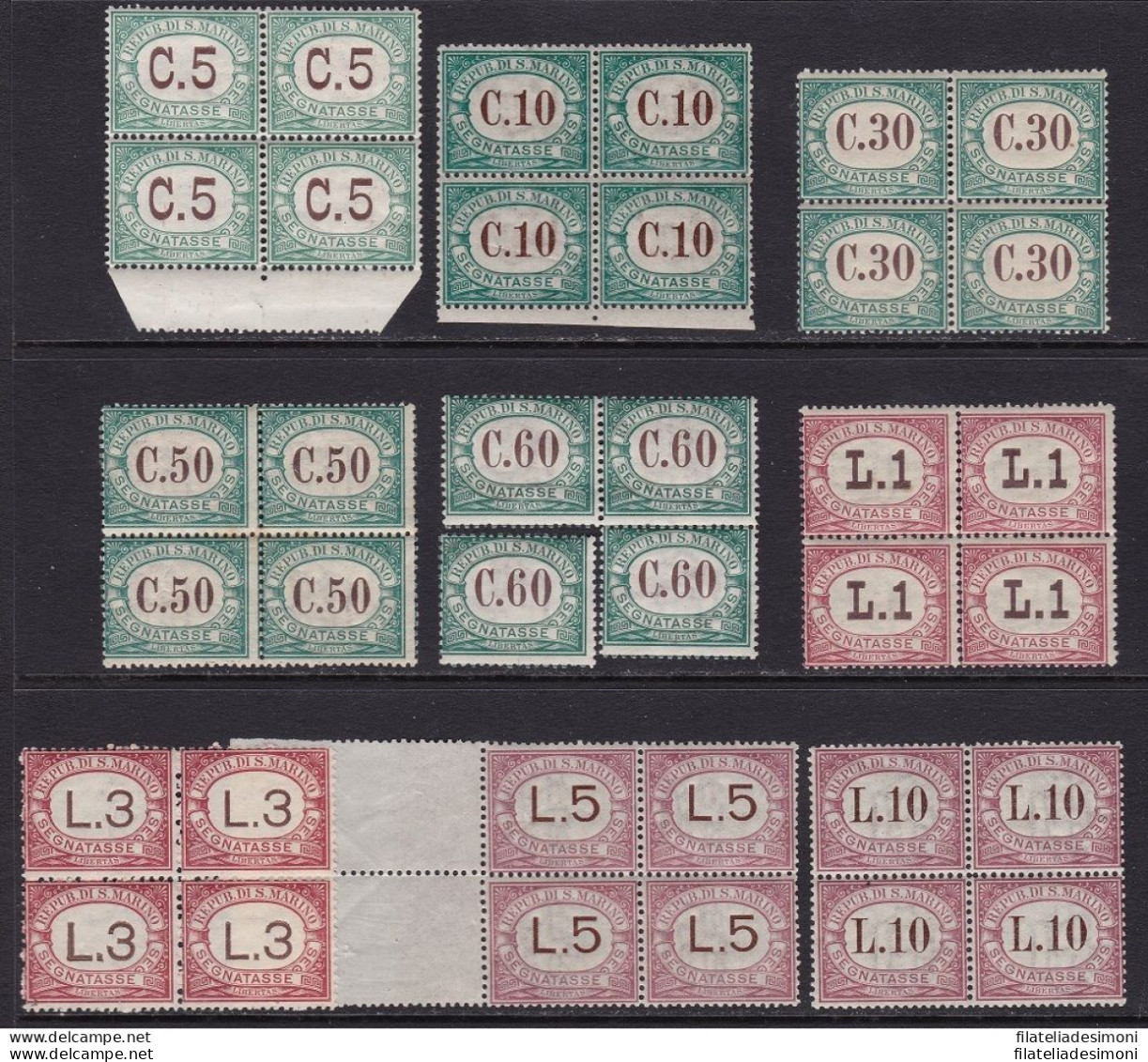 1897-1919 SAN MARINO, Tasse N° 1/9 SERIE IN QUARTINA  MNH/** - Other & Unclassified
