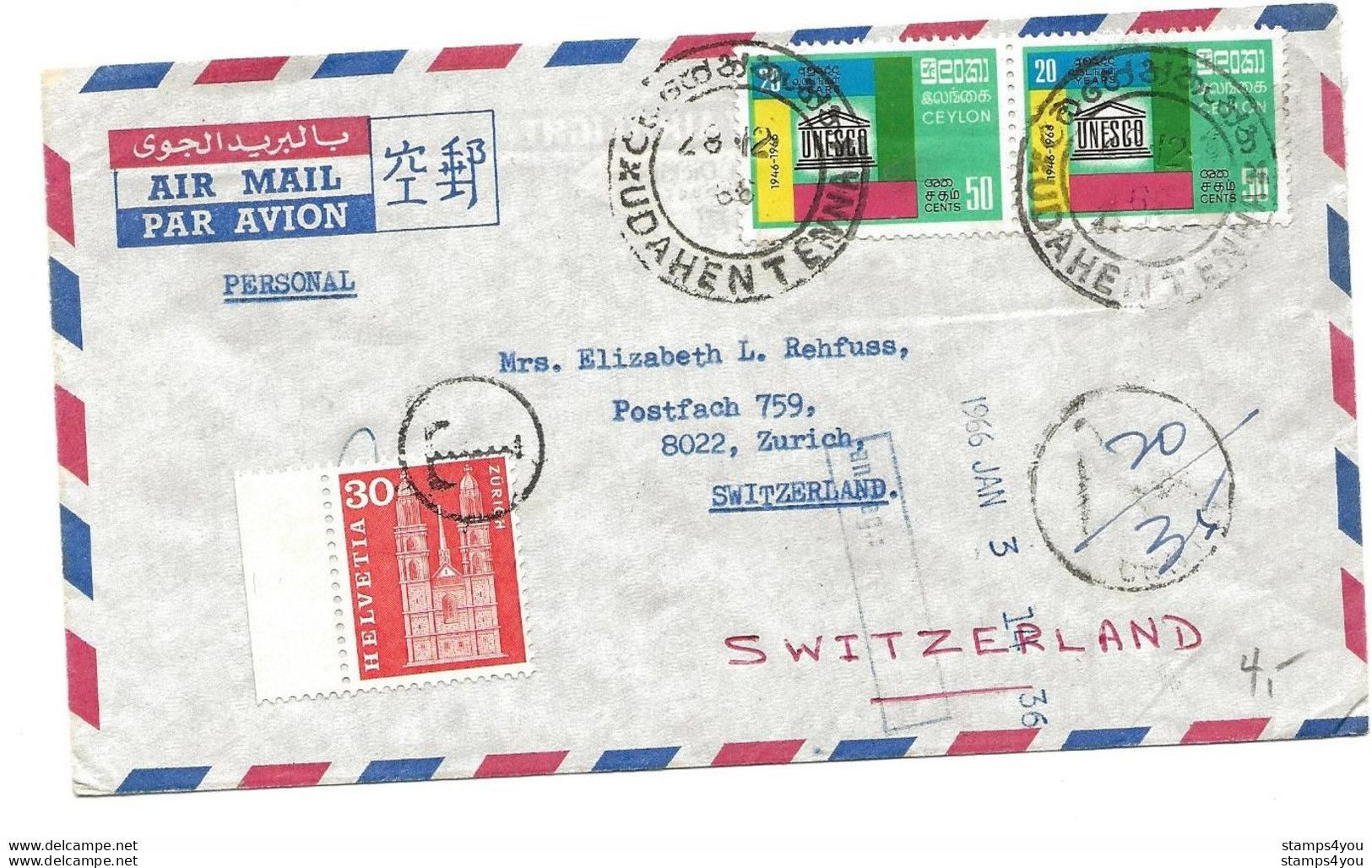 104 - 69 - Enveloppe Envoyée De Ceylon En Suisse - Timbre Suisse Avec Cachet "T" Taxe 1966 - Strafportzegels