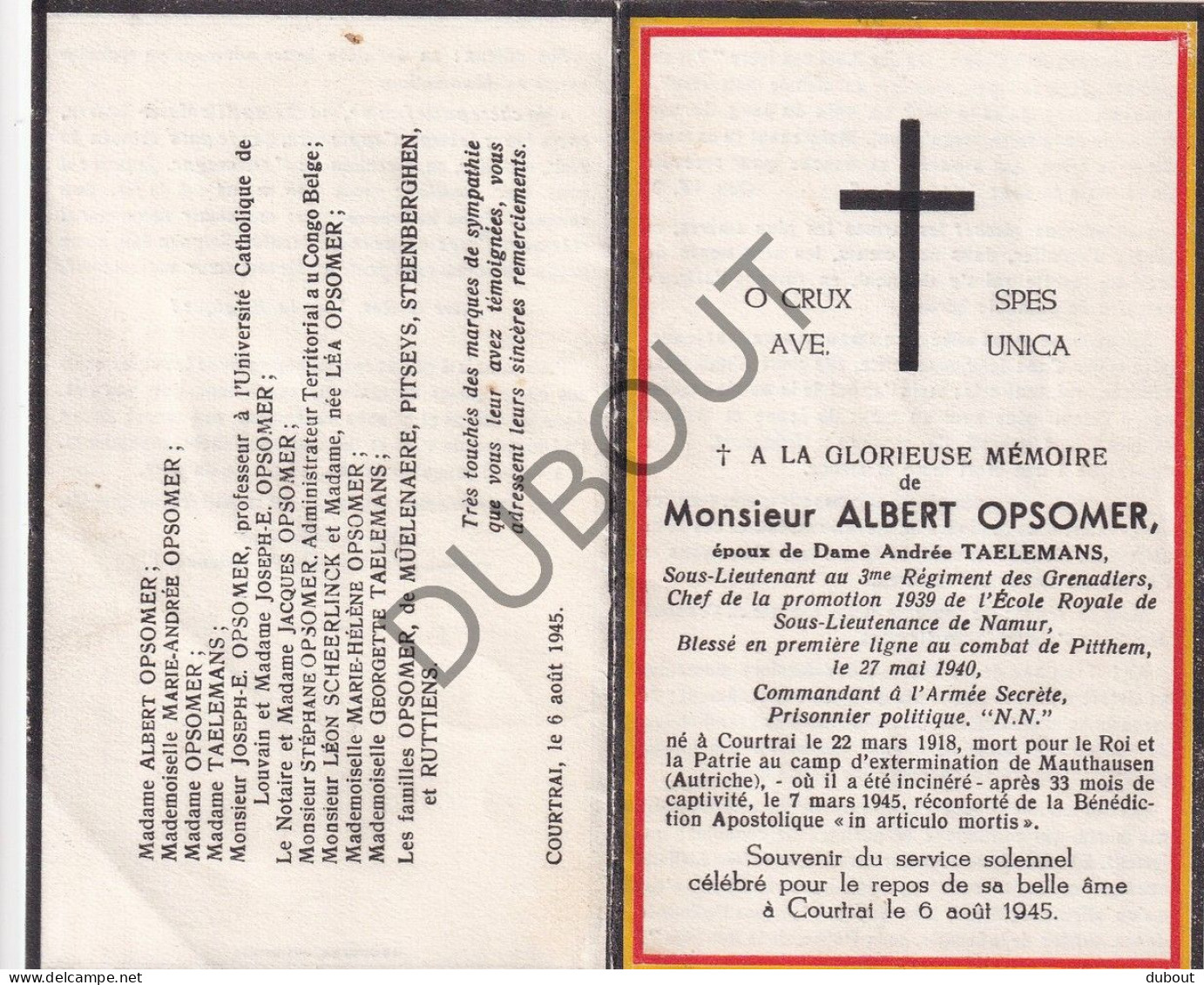 WOII - Albert Opsomer, Onder-Luitenant 3de Regiment Grenadiers °Kortrijk 1918 †Mauthausen 1945 (F580) - Obituary Notices