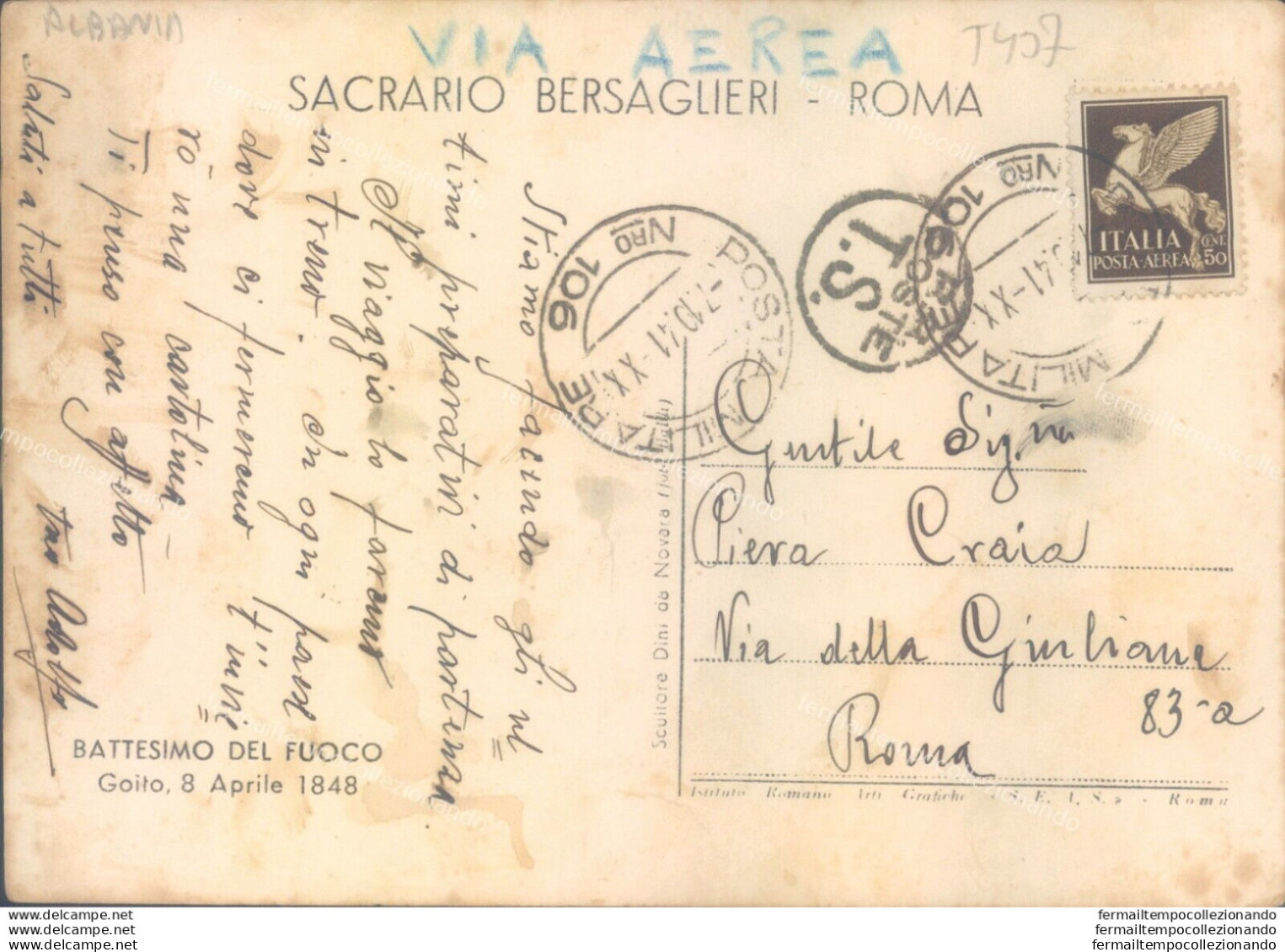 T407 Cartolina Sacrario Bersaglieri Roma Battesimo Del Fuoco 1941 Posta Militare - Otros & Sin Clasificación
