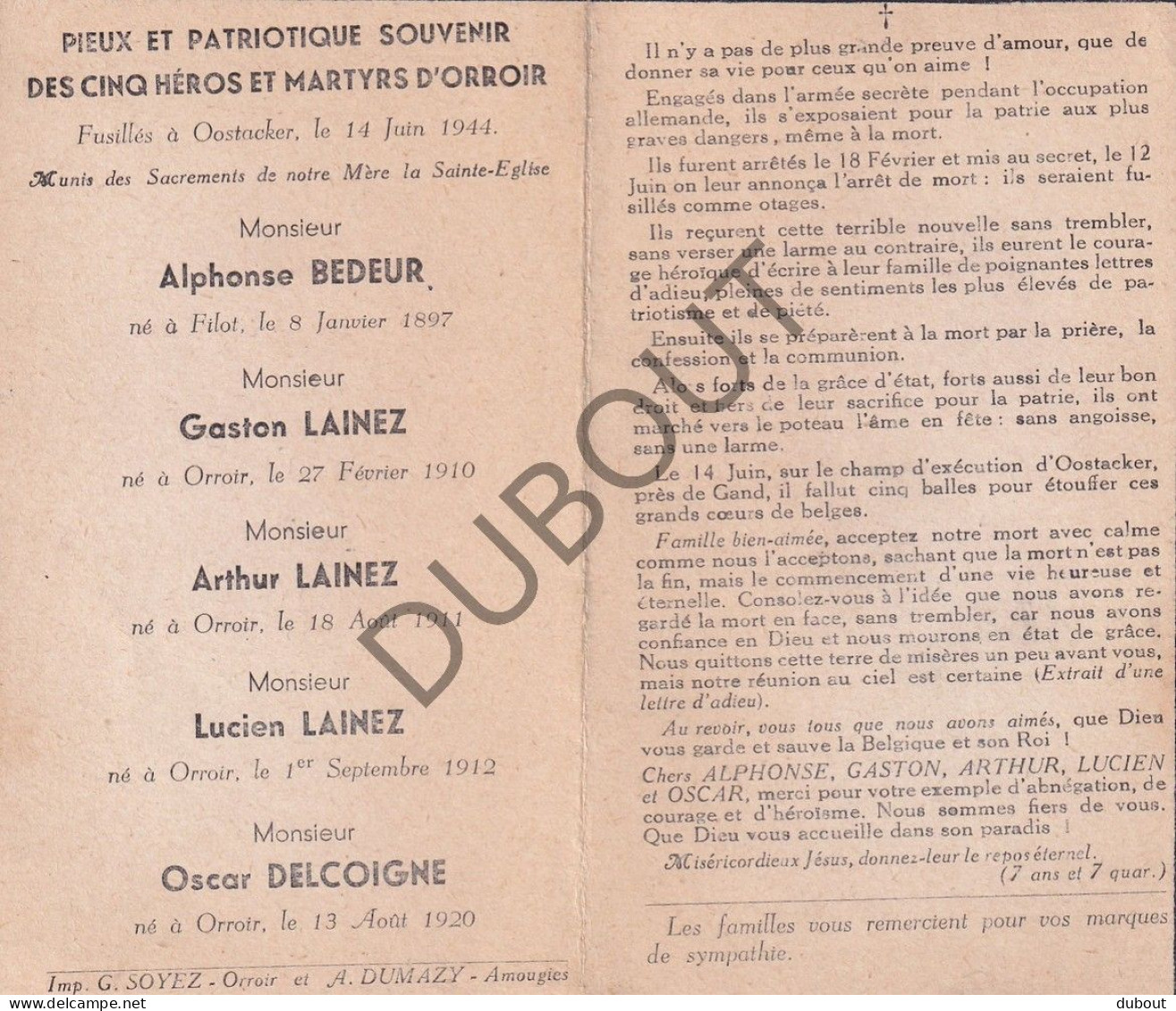 WOII - A.Bedeur, G.Lainez, A.Lainez, L. Lainez, O.Delcoigne °Filot,Orroir - Gefussilleerd Te Oostakker 1944 (F602) - Obituary Notices