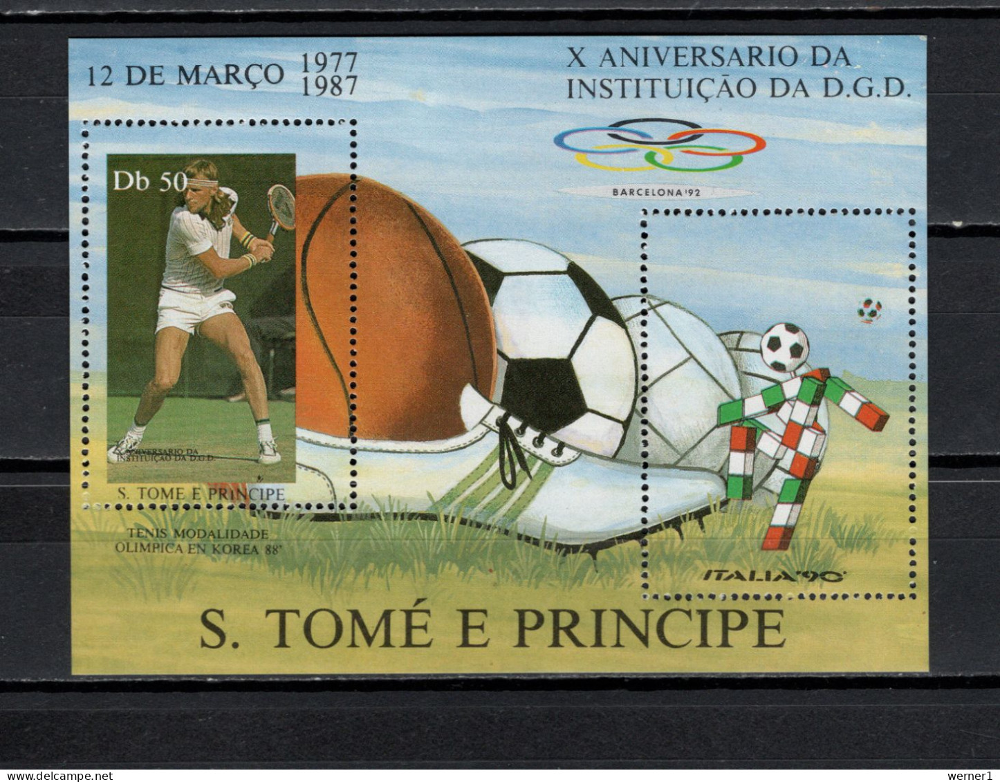 Sao Tome E Principe (St. Thomas & Prince) 1987 Football Soccer World Cup, Olympic Games Barcelona, Tennis S/s MNH - 1990 – Italien