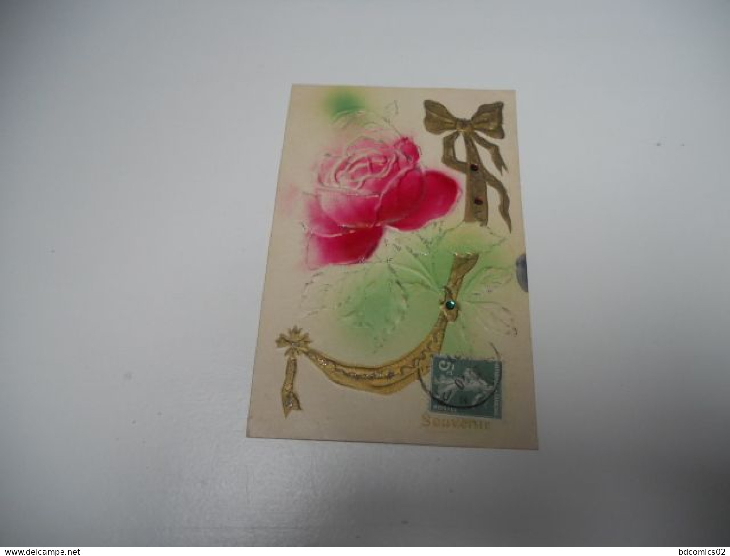 CARTE ANCIENNE COULEUR DE 1907 SOUVENIR ROSE RUBANT DORE PAILLETTE EN RELIEF TBE - Altri & Non Classificati