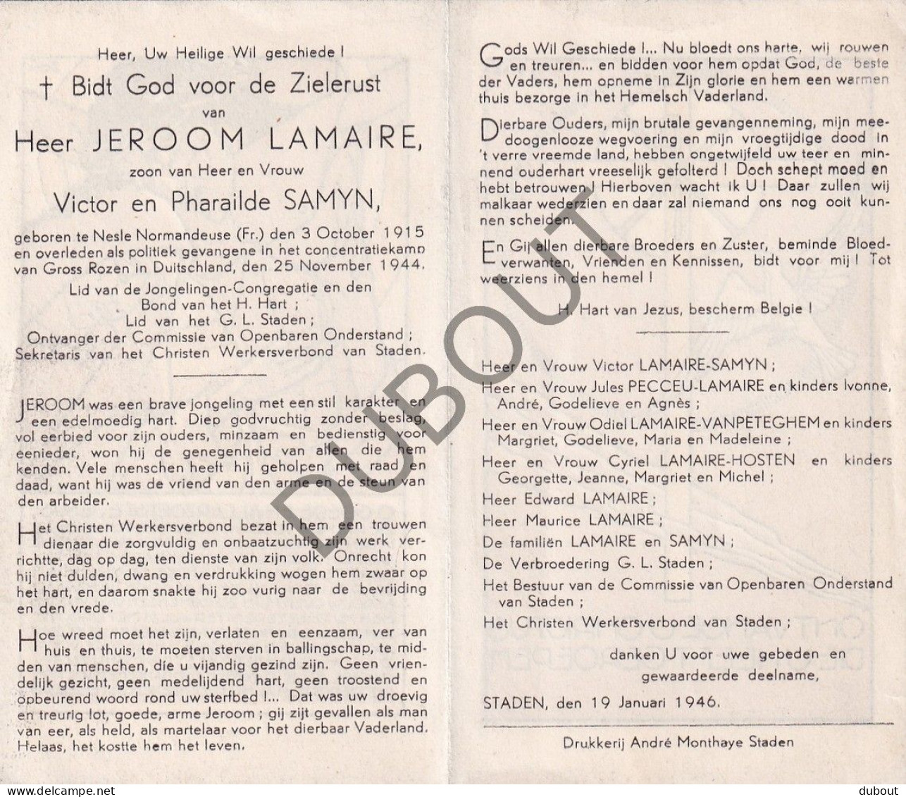 WOII - Jeroom Lamaire °Nesle Normandeuse 1915 †Politiek Gevangene Concentratiekamp Duitsland 1944 (F583) - Todesanzeige