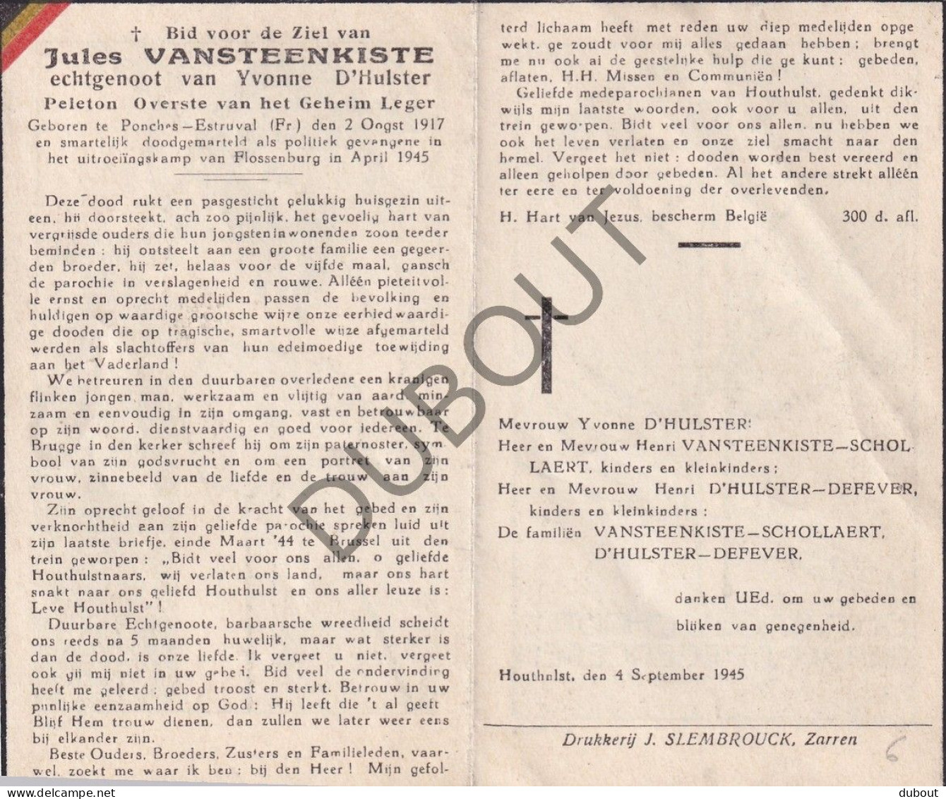 WOII - J. Vansteenkiste °Ponches-Estruval 1917 Doodgemarteld Politiek Gevangene Flossenburg 1945 Houthult/Zarren (F579) - Avvisi Di Necrologio