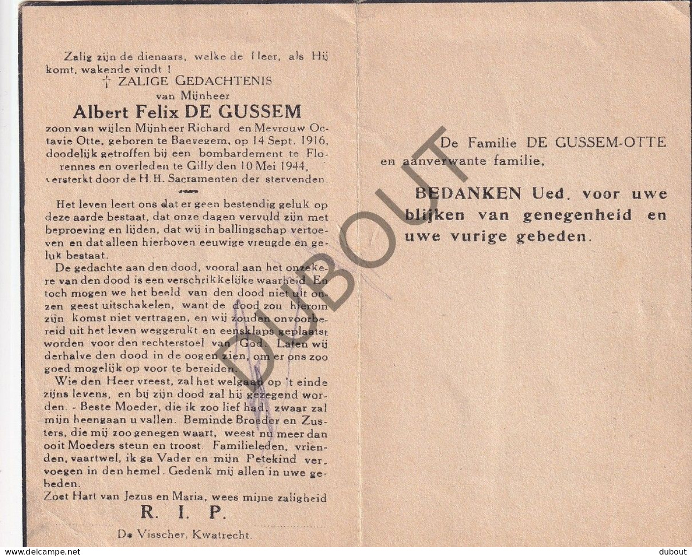 WOII - A. De Gussem °Bavegem 1916, Bombardement Florennes †Gilly 1944 (F575) - Todesanzeige