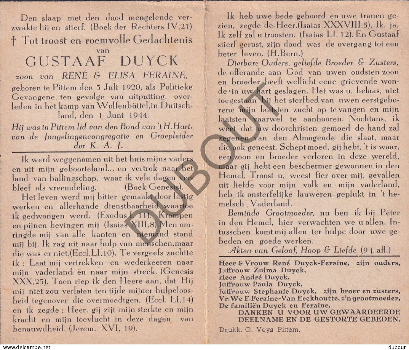 WOII - Gustaaf Duyck °Pittem 1920, Politiek Gevangene, †Kamp Wolfenbüttel, Duitsland 1944 (F571) - Todesanzeige