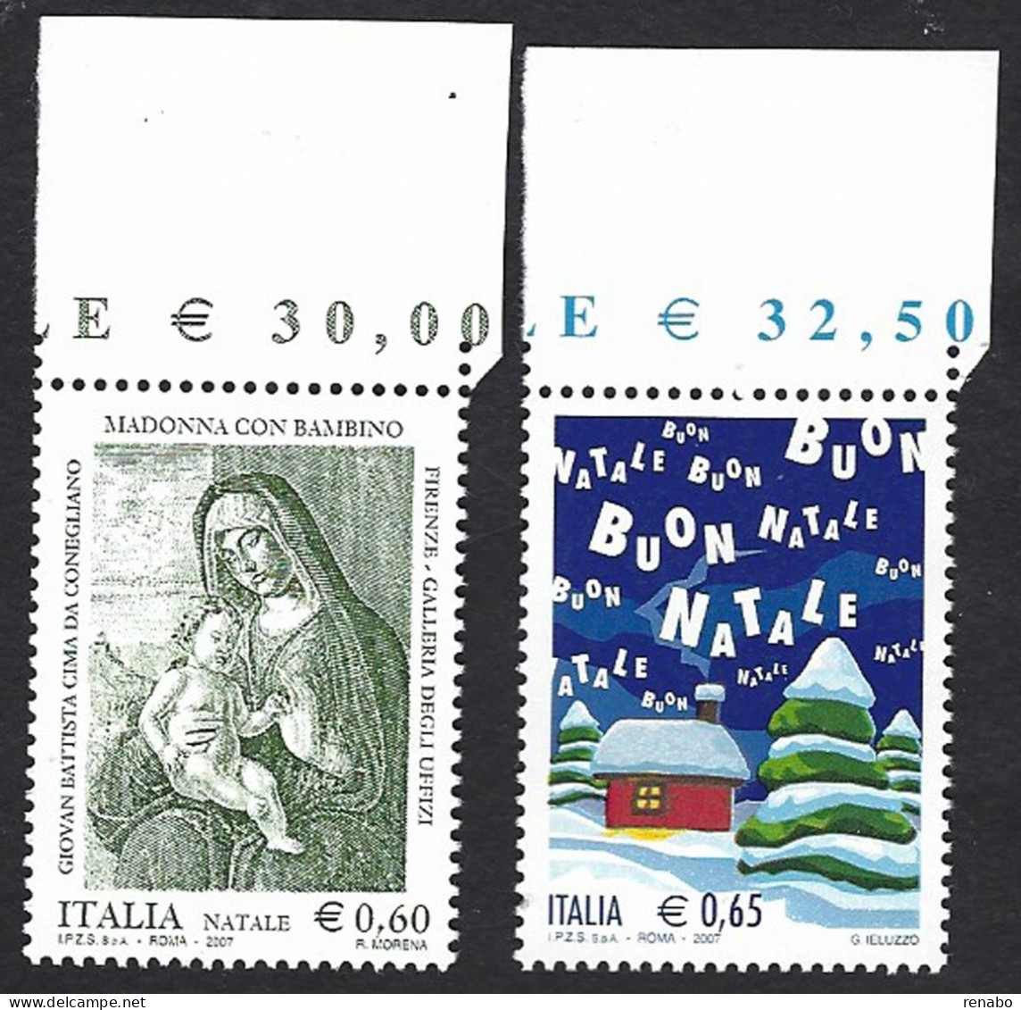 Italia 2007; Natale Religioso “Madonna Con Bambino”+ Natale Laico: Abeti Innevati; Serie Completa. Bordo Superiore. - 2001-10: Nieuw/plakker