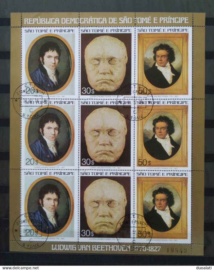 Sao Tome E Principe 1977 Ludwig Van Beethoven 150th Anniversary Of The Death Sheetlet CTO - Muziek