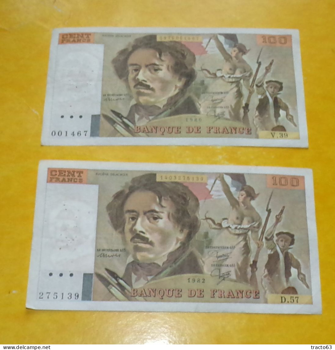 LOT DE 2 BILLETS DE 100 FRANCS DELACROIX DE 1980 SERIE V.39 ET DE 1982 SERIE D.57,  ETAT VOIR PHOTOS . POUR TOUT RENSEIG - 100 F 1978-1995 ''Delacroix''