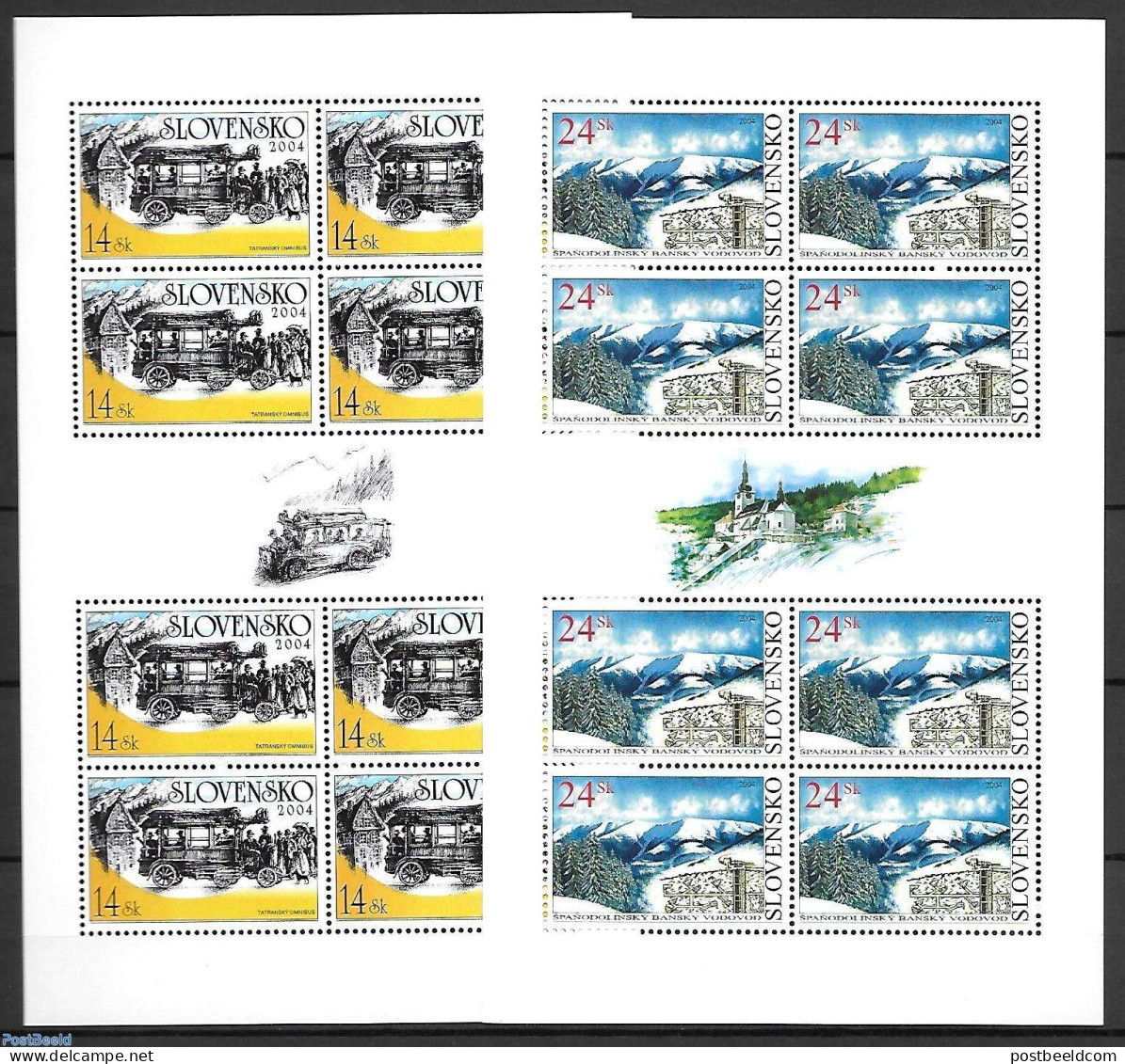 Slovakia 2004 Omnibus/Water System 2 M/ss, Mint NH, Nature - Transport - Water, Dams & Falls - Automobiles - Unused Stamps