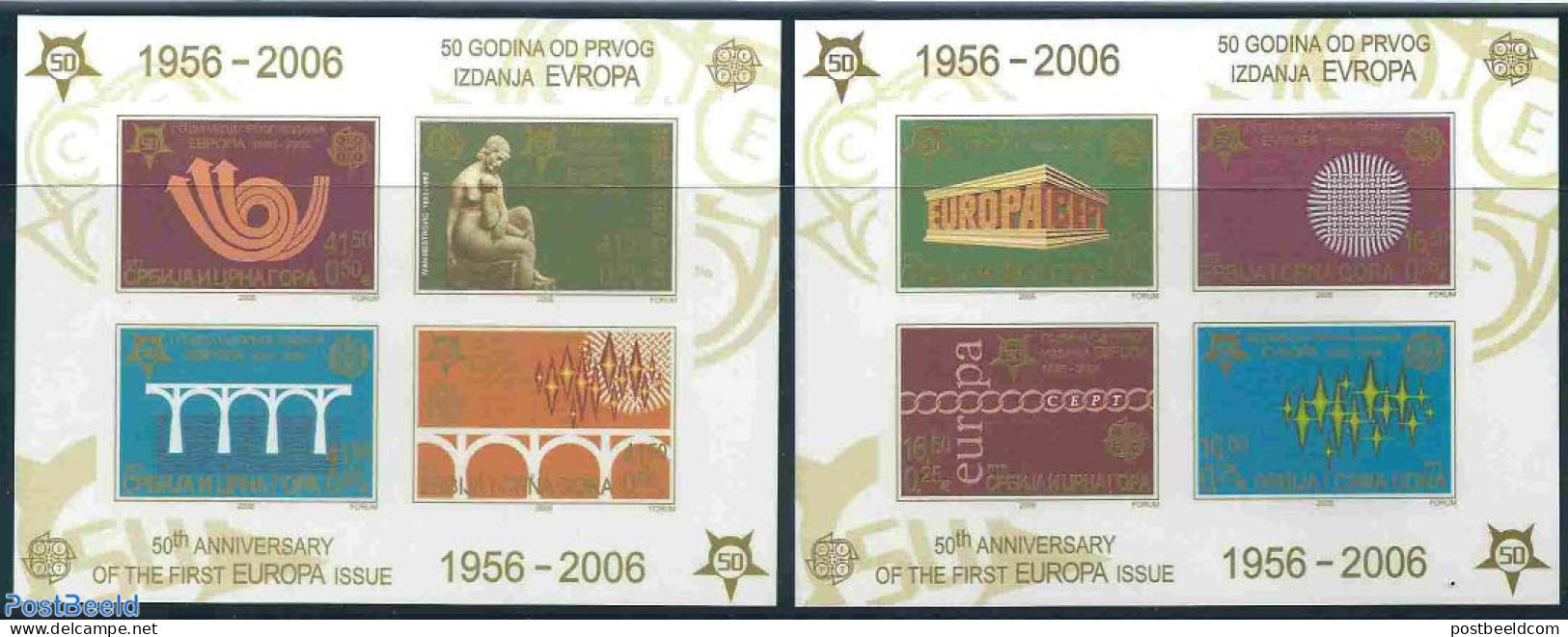 Yugoslavia 2006 50 Years Europa Stamps 2 S/s IMPERFORATED, Mint NH, History - Europa (cept) - Europa Hang-on Issues - Ungebraucht