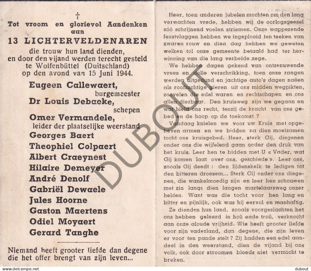 WOII - Lichtervelde, E. Callewaert, Burgemeester, E.a. - Terechtgesteld Te Wolfenbüttel Duitsland 1944 (F585) - Todesanzeige