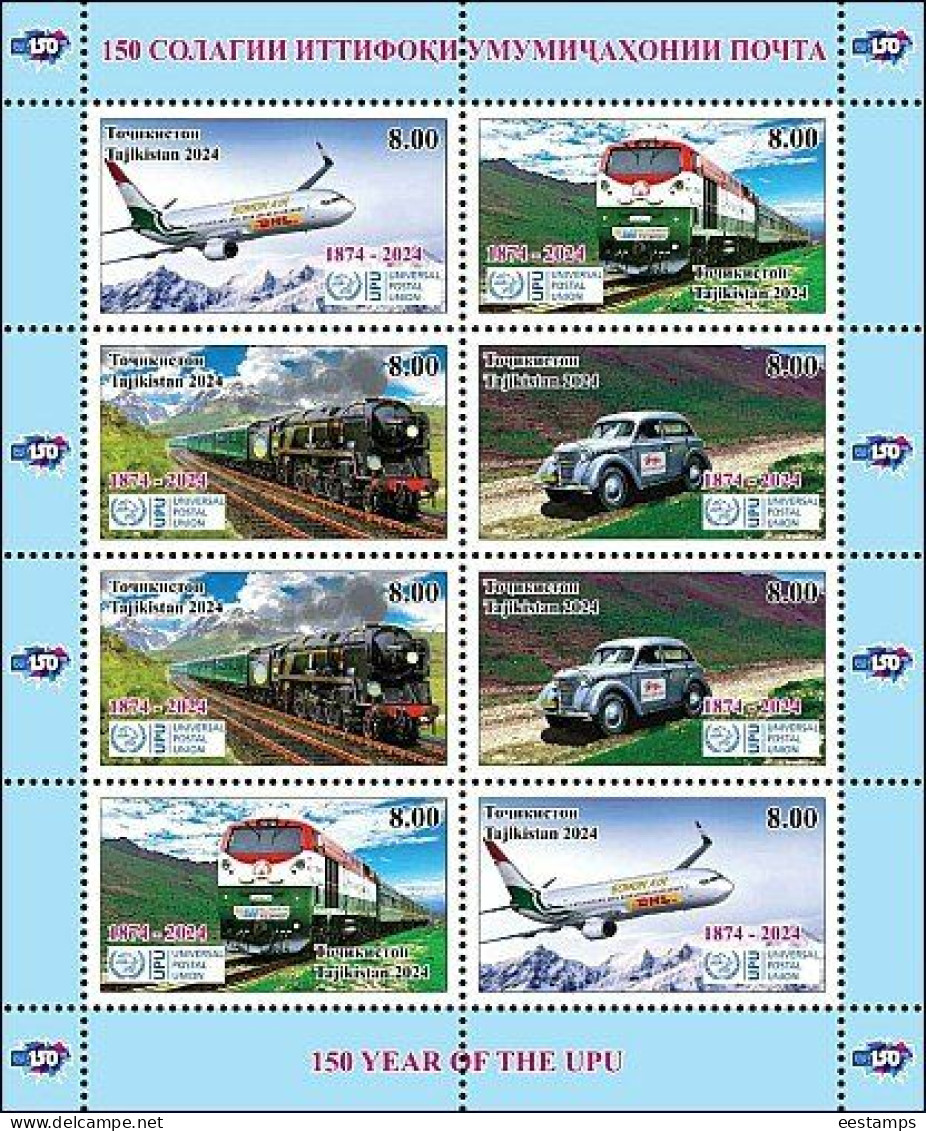 Tajikistan 2024 .150 Year Of The UPU (Aircraft, Trains, Cars ). Sheetlet Of 8 - Tayikistán