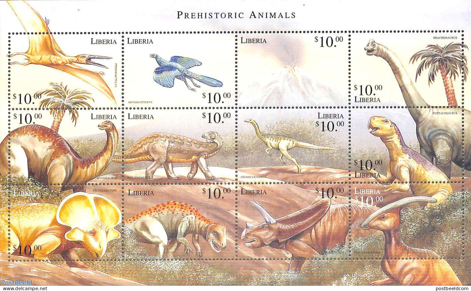 Liberia 1999 Preh. Animals 12v M/s, Mint NH, Nature - Prehistoric Animals - Prehistóricos
