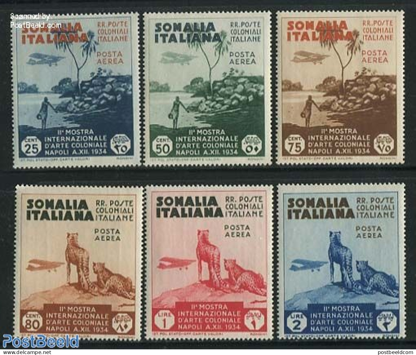 Italian Somalia 1934 Airmail Definitives 6v, Unused (hinged), Nature - Transport - Animals (others & Mixed) - Cat Fami.. - Flugzeuge