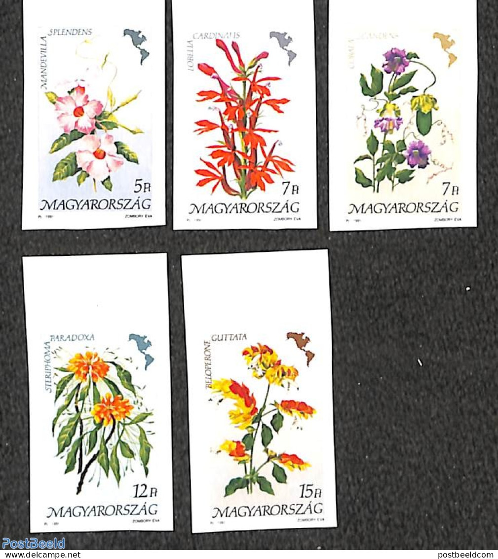 Hungary 1991 American Flowers 5v Imperforated, Mint NH, Nature - Flowers & Plants - Ungebraucht