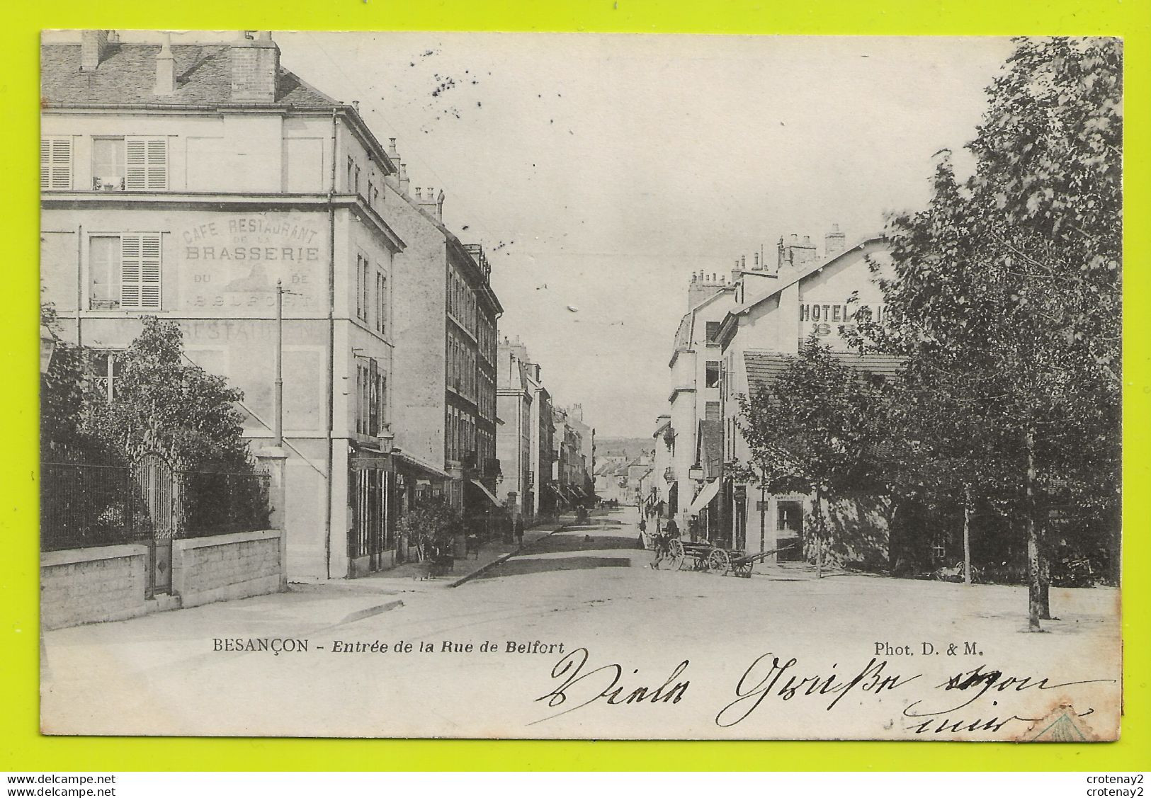 25 BESANCON Entrée De La Rue De Belfort Hôtel Parfumerie Charrette VOIR DOS Non Séparé En 1904 - Besancon