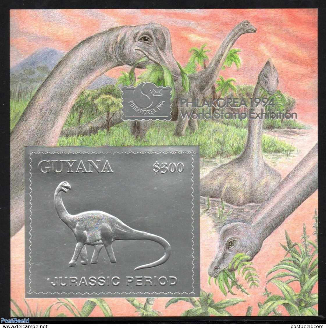 Guyana 1994 Apatosaurus S/s, Silver, Mint NH, Nature - Prehistoric Animals - Préhistoriques
