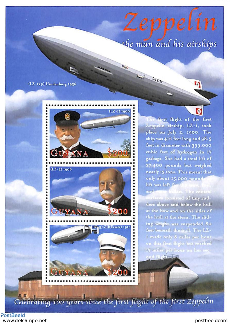 Guyana 2000 100 Years Zeppelin 3v M/s, Mint NH, Transport - Zeppelins - Zeppelins