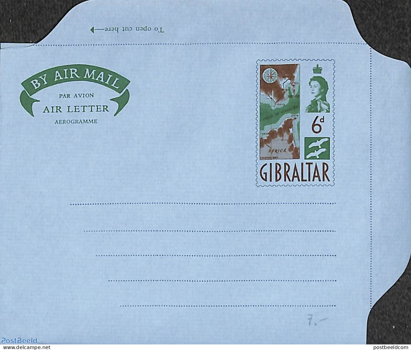 Gibraltar 1961 Aerogramme 6p Green/brown, Unused Postal Stationary, Various - Maps - Geography