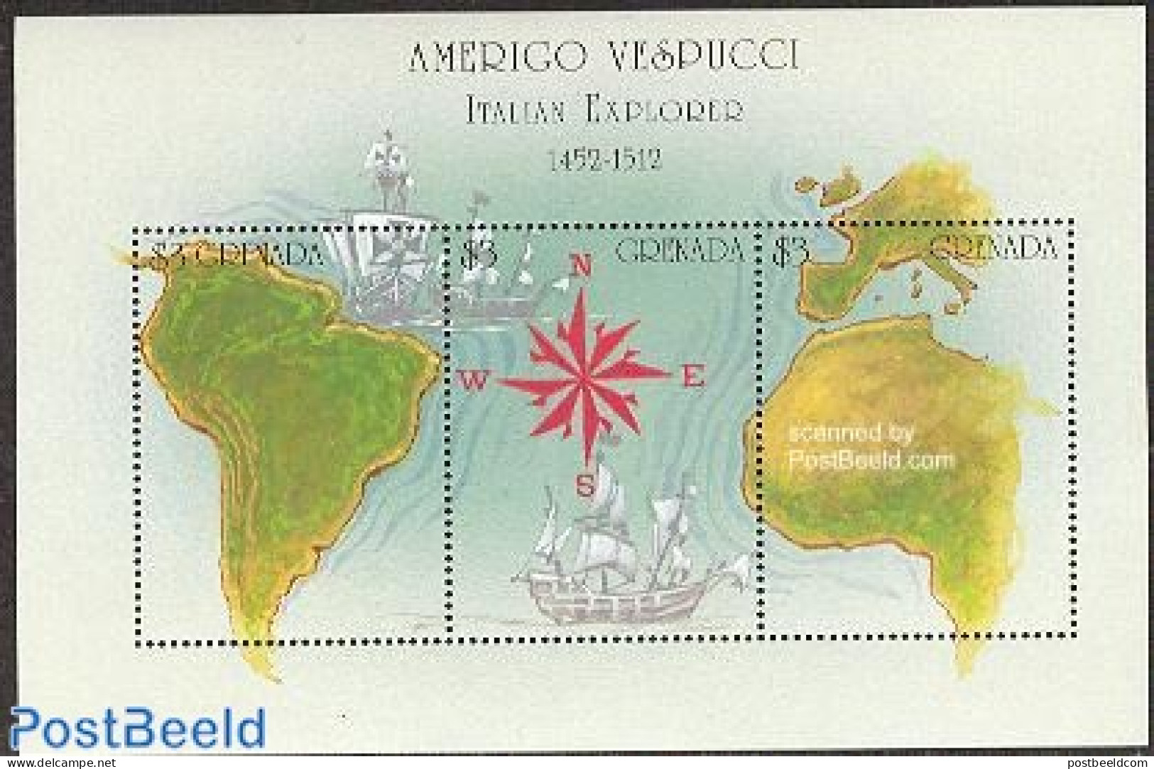 Grenada 2002 Amerigo Vespucci 3v M/s, Mint NH, History - Transport - Various - Explorers - Ships And Boats - Maps - Onderzoekers