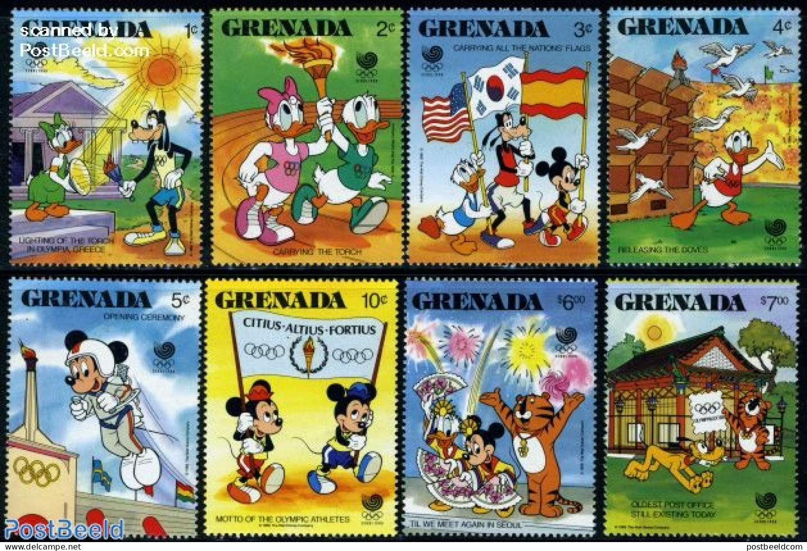 Grenada 1988 Olympic Games, Disney 8v, Mint NH, History - Sport - Various - Flags - Olympic Games - Costumes - Art - D.. - Costumes