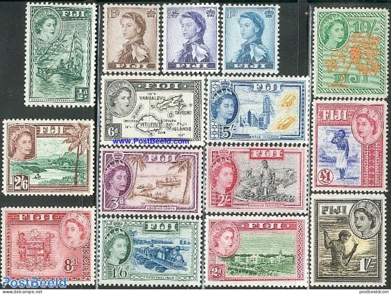 Fiji 1954 Definitives 15v, Mint NH, Science - Transport - Various - Mining - Railways - Ships And Boats - Agriculture .. - Treni