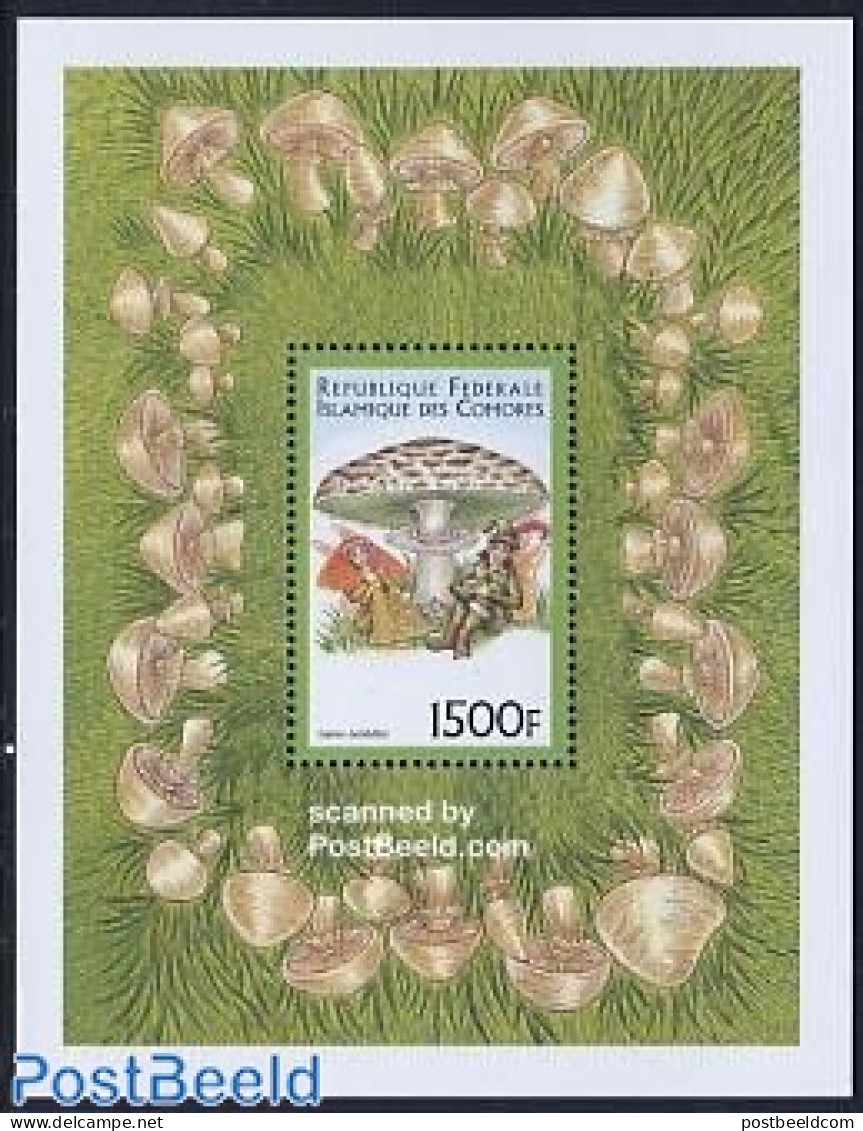 Comoros 1999 Mushroom & Elf S/s, Lepiota Molybdites, Mint NH, Nature - Mushrooms - Art - Fairytales - Mushrooms